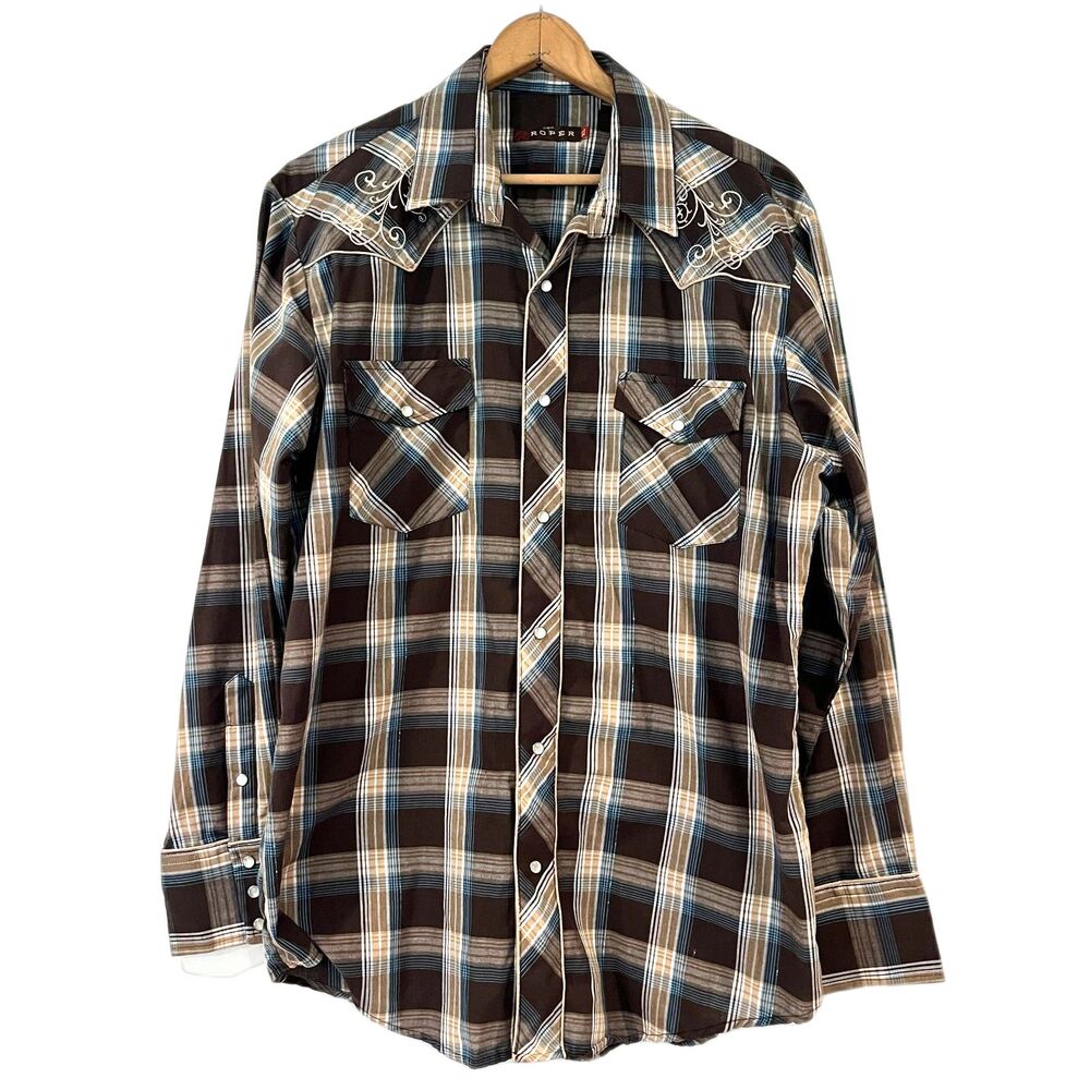 Roper Western Shirt Black Blue Plaid Embroidery Pearl Snaps Men's XL Rancher